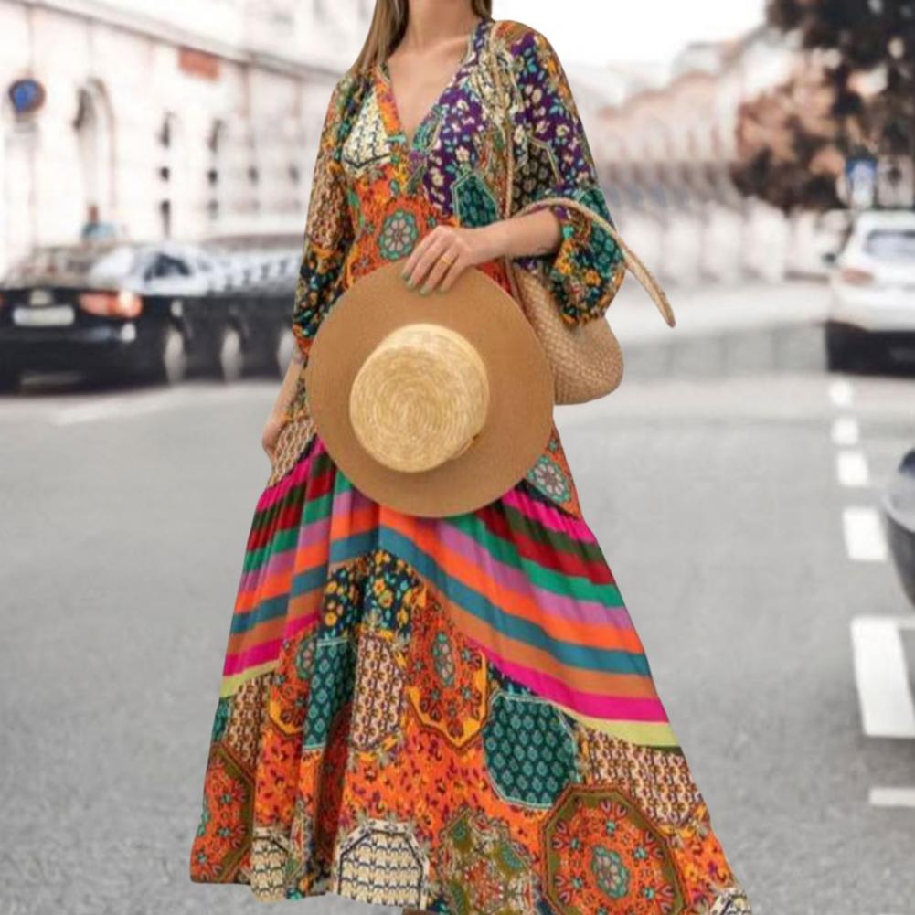 Retro Dress Chic Pleated Maxi Dress Summer Ethnic Print Pattern Oversized Long Dress Female Clothing
