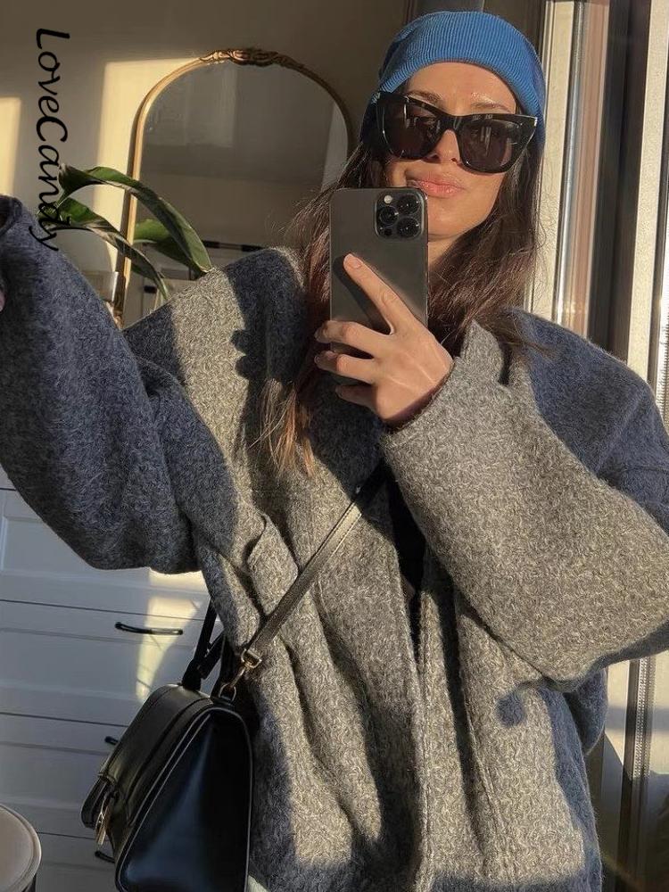 Women's Casual Loose Stand Collar Jackets 2023 Spring Warm Grey button Long Sleeve Bombers Fashion Plush Solid Female Outwear